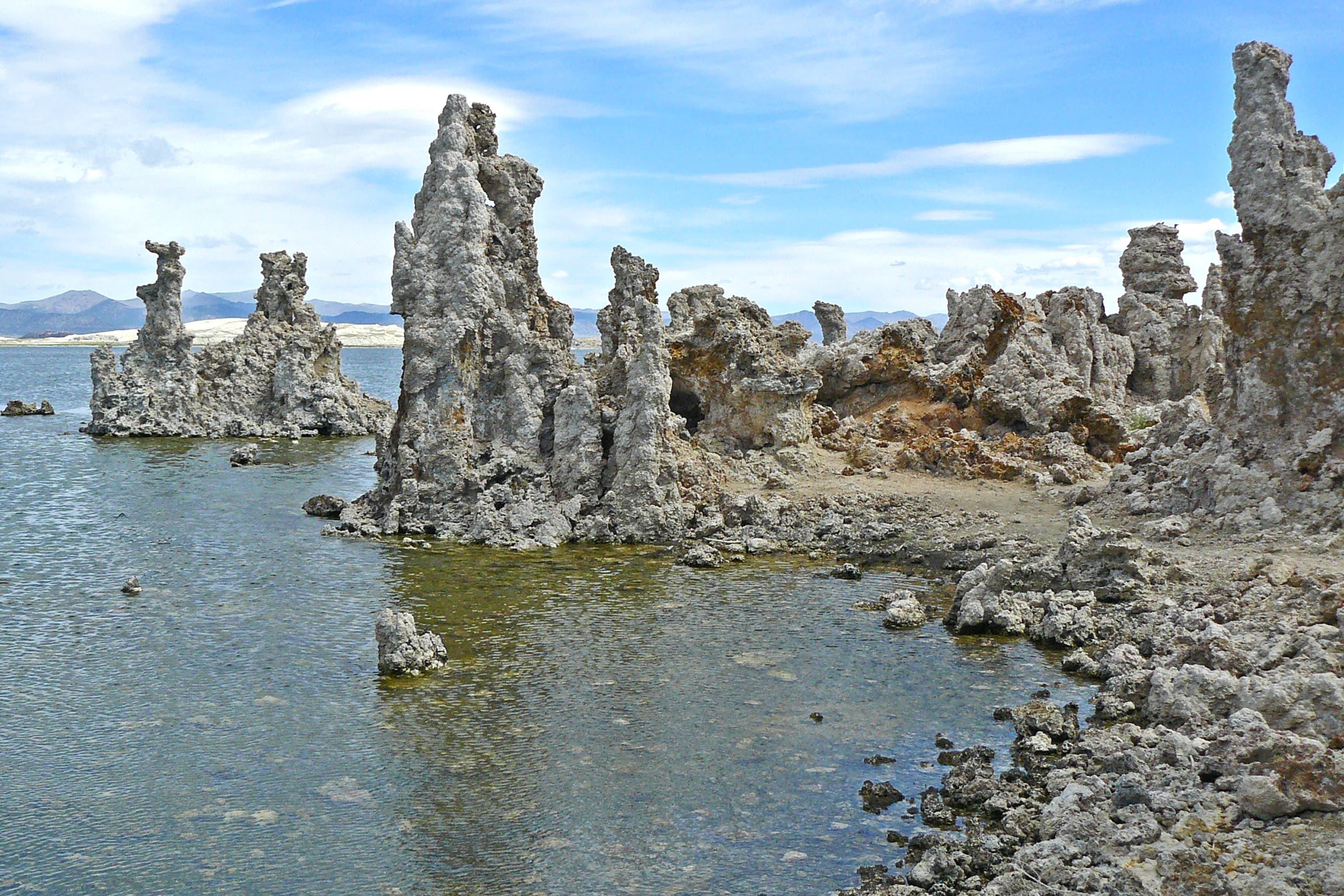 Limestone tufa towers rising from the water at Mono Lake